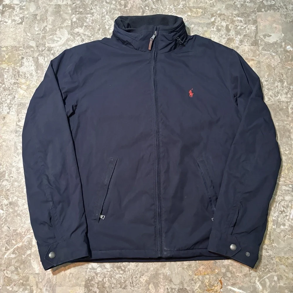 Polo Ralph Lauren Jacket Mens Large Blue Packable Hood Fleece Lined Full Zip